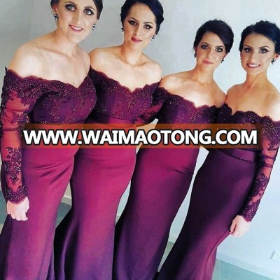 DB020 Sexy Lace Burgundy Bridesmaid Dresses 2018 Mermaid Long Sleeve Beaded Long Bridesmaid Dress Formal Maid Of Honor