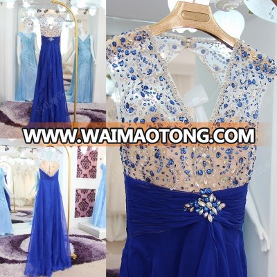 Custom Made Sexy V-neck See Through Bodice Royal Blue Evening Dresses 2016 Pleated Sash Beaded Open Back Long Party Dress ML194