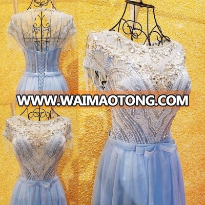 High Quality Luxury Beading Shining Crystal Rhinestone Cap Sleeve Tulle Evening Dress Real Sample Sexy See Through Gowns ML155