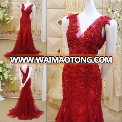 Red Lace Applique Beaded Mermaid Evening Dresses 2016 Real Picture Sexy V-neck Tulle Formal Party Gowns Free Shipping ML186