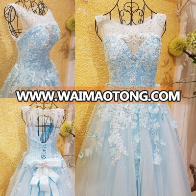 Free Shipping Real Sample Light Blue Beading Evening Dresses 2016 Crystal Flower Applique Open Back Bow Sash Party Gown ML183